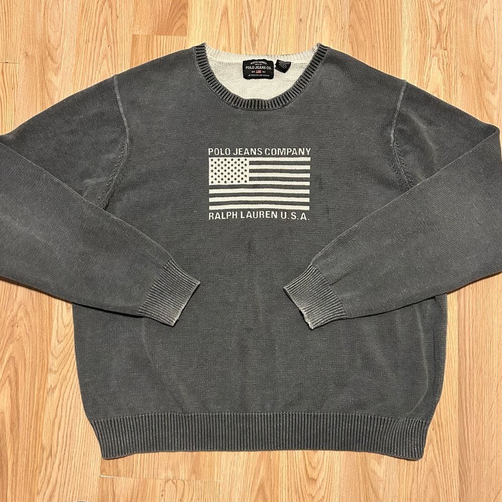 Vintage Polo Jeans Co Ralph Lauren Men’s 2XL Grey Mint Flag Sweater